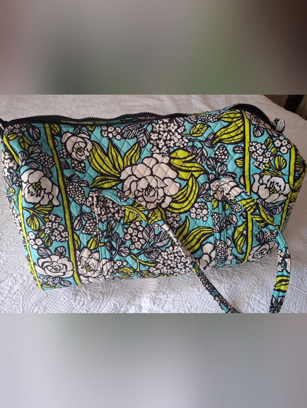 Vera Bradley Teal, Lime & White Floral Quilted Duffle Bag